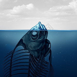 冰山角气候变化污染的水超现实符号个可见的漂浮骨架的死鱼三维插图风格图片