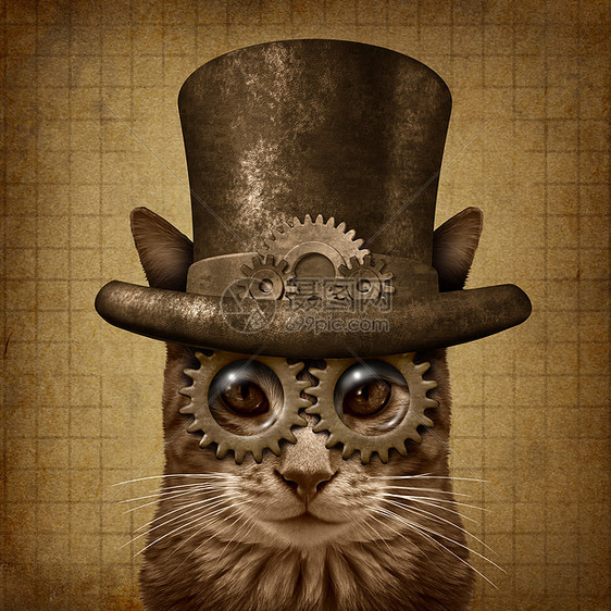 蒸汽朋克蒸汽朋克灰猫与三维插图元素图片