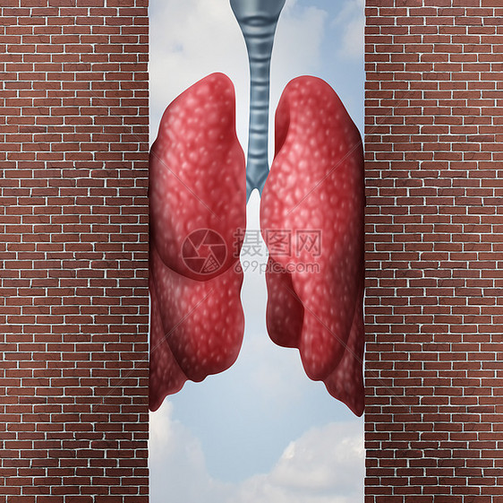 哮喘健康问题的呼吸困难引的呼吸窘迫,随着空气通道的收紧,肺收缩与三维插图元素图片