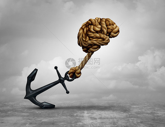 强大的决策权力思维,个人脑,由绳索拉锚与三维插图图片