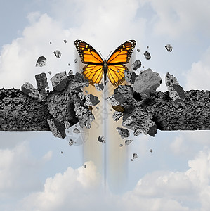 力量可阻挡的力量的想法,蝴蝶突破水泥墙三维插图风格图片