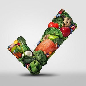 批准的健康食品原始机新鲜食品的标志,个检查标志,形状与蔬菜,水果,坚果,鱼豆类饮食图标背景图片