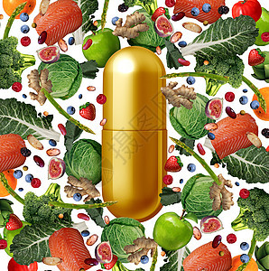 维生素补充剂食品营养丸天然营养丸与蔬菜,水果,坚果豆类药物胶囊与三维插图元素图片