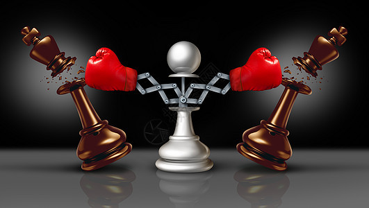 淘汰竞争商业敲门打孔符号秘密与国际象棋典当击败竞争手与隐藏的红色拳击手套三维插图图片