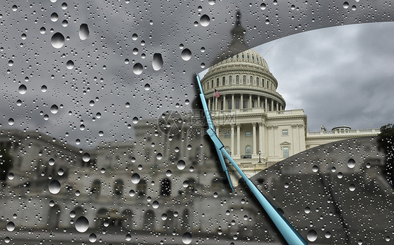 华盛顿的新闻政治调查,因为美国国会被雨弄模糊了,雨刷擦窗,透明度的象征,3D插图元素图片