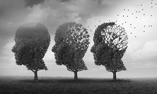 记忆丧失大脑衰老的,由于痴呆阿尔茨海默病个医学图标与倒下的树,形状为人头失叶子与三维插图元素记忆丧失的图片
