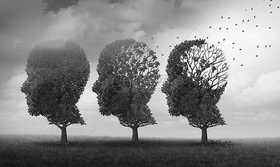 记忆丧失大脑衰老的,由于痴呆阿尔茨海默病个医学图标与倒下的树,形状为人头失叶子与三维插图元素记忆丧失的图片