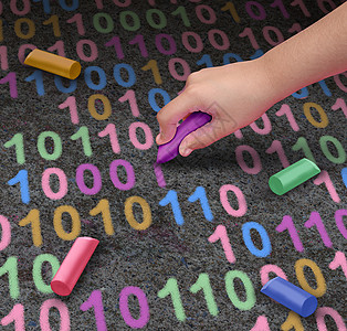 为孩子们编码,并学会为孩子们编码种计算机编程技术教学,个学生绘制进制代码与粉笔沥青上的3D插图风格为孩子们编码图片