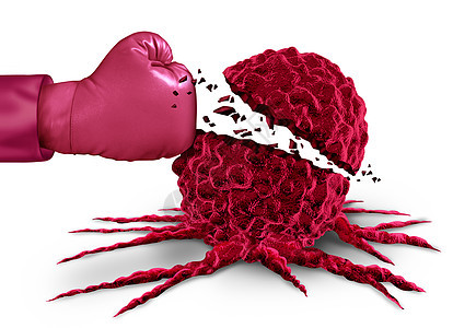 乳腺癌斗争拳击手套,将恶肿瘤细胞肿瘤治疗的医学符号,化疗免疫治疗的三维插图元素乳腺癌斗争图片