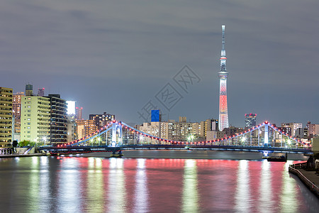 东京城市景观东京天空树夜间沿河图片