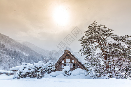 西拉卡瓦戈降雪冬季阳光,日本岐阜楚布图片