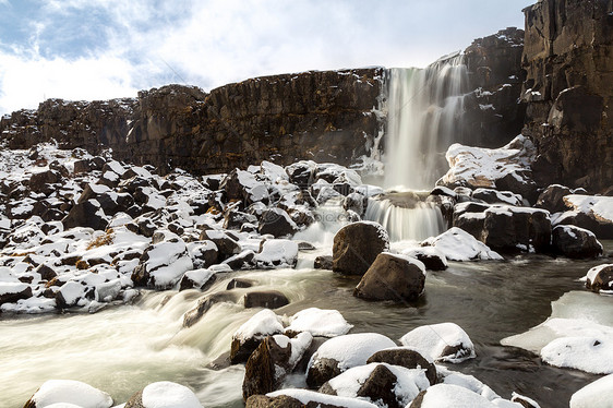 奥沙拉福斯瀑布冬季平维尔山谷公园冰岛图片