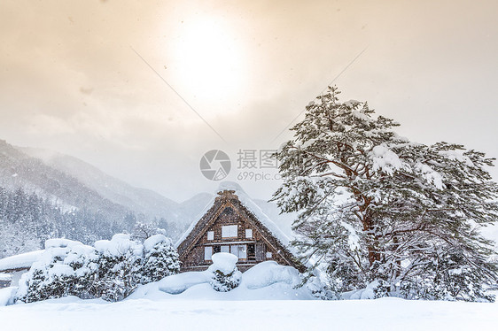 西拉卡瓦戈降雪冬季阳光,日本岐阜楚布图片