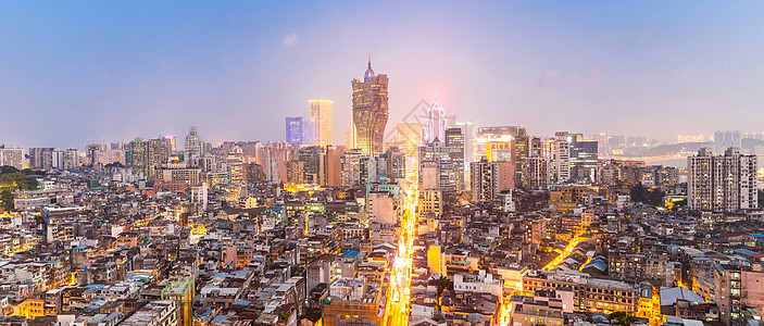 黄昏时澳门城市景观天际线莫考现中国的部分全景图片