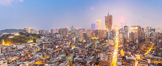 黄昏时澳门城市景观天际线莫考现中国的部分全景图片