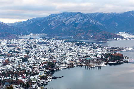 日本藤井洋子Kawaguchiko湖的鸟瞰图图片
