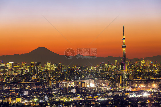 东京城市鸟瞰富士山图片