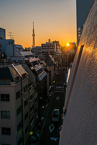 东京天空树与天际线建筑日出上野日本高清图片