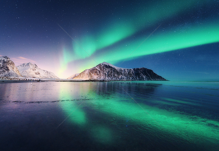 挪威洛福滕岛的北极光绿色北极光极地灯光的星空夜间冬季景观与极光,海洋与天空反射,岩石,海滩雪山自然图片