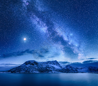 雪上明亮的银河覆盖着挪威冬天的山脉大海风景雪岩,星空,倒影水中,峡湾洛芬岛美丽的银河图片