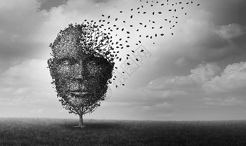 心理健康个人危机思想棵树,形状为张脸,失树叶,种焦虑人类压力的符号,带三维插图元素图片