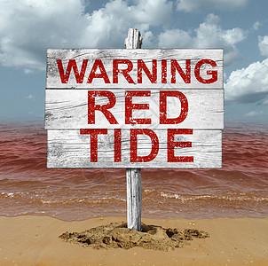 赤潮海滩警告标志危险的天然素海洋海洋个致命的天然藻类三维插图风格图片