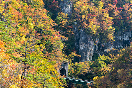 日本宫城县东北的纳鲁科峡谷山谷与铁路隧道图片