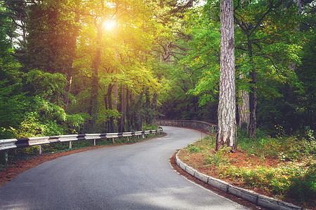 美丽的景观与沥青路,绿色森林路标充满活力的日出夏季早晨克里米亚山脉旅行背景图片