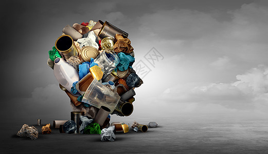 回收回收的,垃圾废物形状为个人的头部,由璃塑料纸板垃圾水平背景上的三维插图风格图片