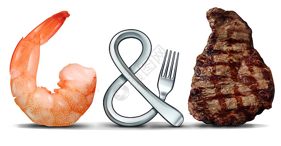 冲浪草皮海鲜牛排食品的,个叉子形状的象征,白色背景与3D插图元素图片