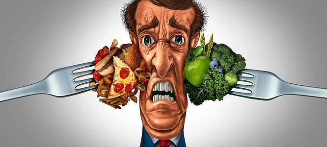 饮食选择压力营养选择个压力的人受健康的蔬菜水果与高胆固醇油腻的快餐与3D插图元素的压力背景图片