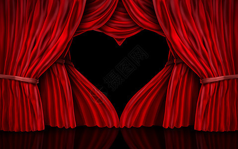 情人节红色天鹅绒窗帘个浪漫的舞台与窗帘形状为心脏三维插图图片