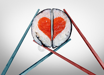 情人节晚餐为两人徒情人节庆祝爱与食物,筷子,结合,浪漫的夫妇,寿司形状为个心脏符号与3D插图元素图片