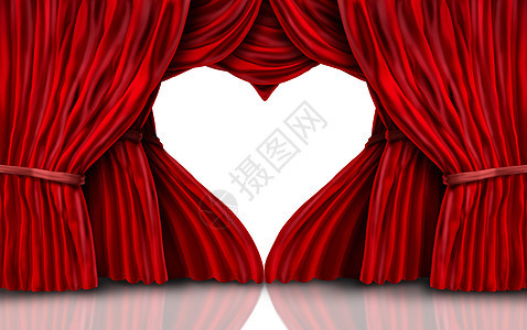 情人节红色天鹅绒窗帘白色个浪漫的舞台与窗帘形状为心脏三维插图图片
