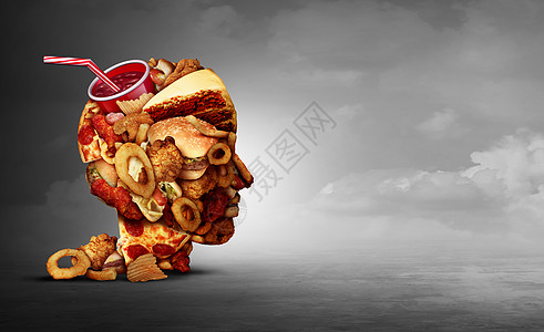 垃圾食品的吃健康的零食心理快餐饮食心理,如油腻的油炸餐厅,暴饮暴食诱惑的象征,健康的营养与3D插图元素图片