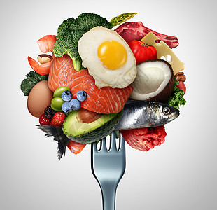 吃生酮食物酮营养生活方式饮食低碳水化合物高脂餐鱼坚果,鸡蛋,肉,鳄梨其他健康成分,治疗小吃的叉子与3D插图元素图片