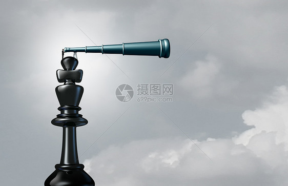 名商人的领导前景,国际象棋王片上用望远镜观察距离,视觉职业的与三维插图元素图片