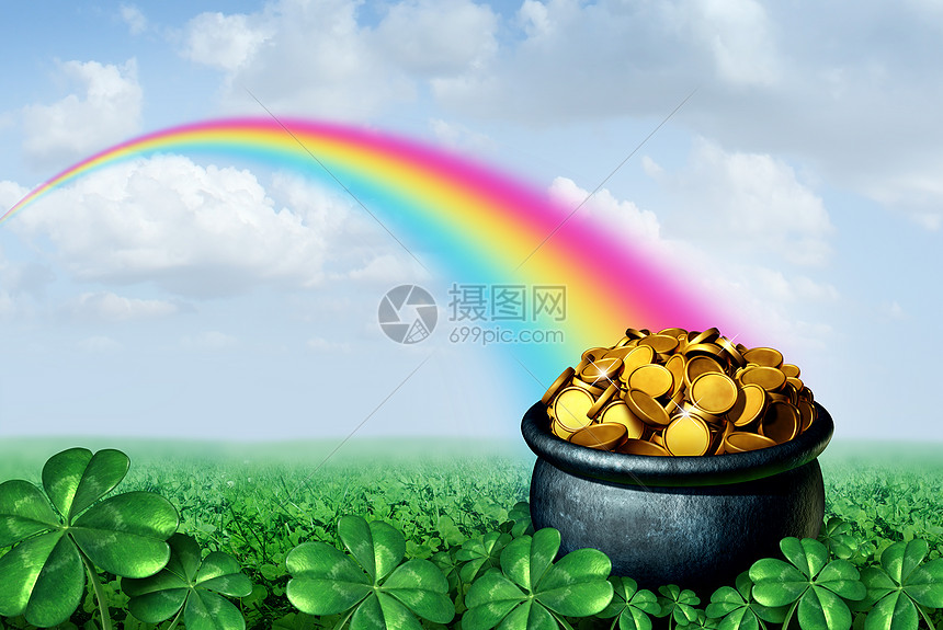 壶黄金彩虹帕特里克日的末尾 绿色的三叶草田野个金色的麻雀宝藏上 春天爱尔兰庆祝的运气与3d插图元素的象征高清图片下载 正版图片 摄图网