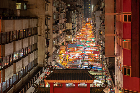 香港九龙庙街夜市照明的鸟瞰图图片