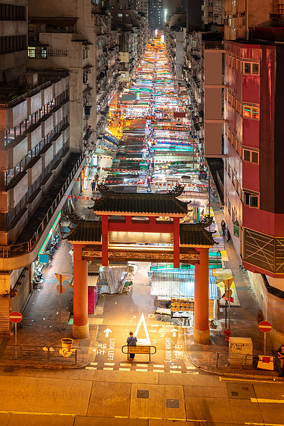 香港九龙庙街夜市照明的鸟瞰图高清图片下载 正版图片 摄图网