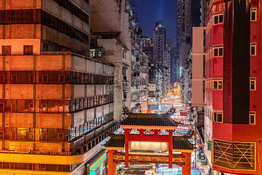 香港九龙庙街夜市照明的鸟瞰图高清图片下载 正版图片 摄图网