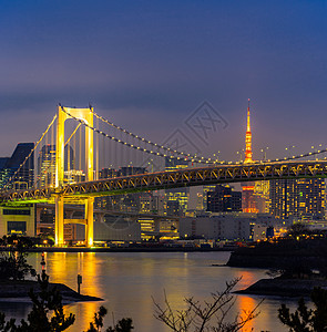 东京日落与东京塔彩虹桥与东京城市景观背景日本大叶图片