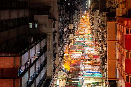 香港九龙庙街夜市照明的鸟瞰图图片
