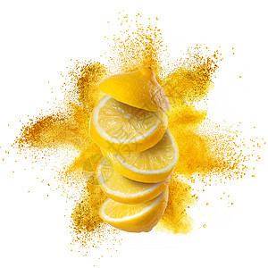 柠檬片黄色粉末爆炸下飞行,白色背景上分离图片