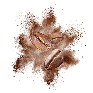 咖啡豆爆炸隔离白色背景上图片