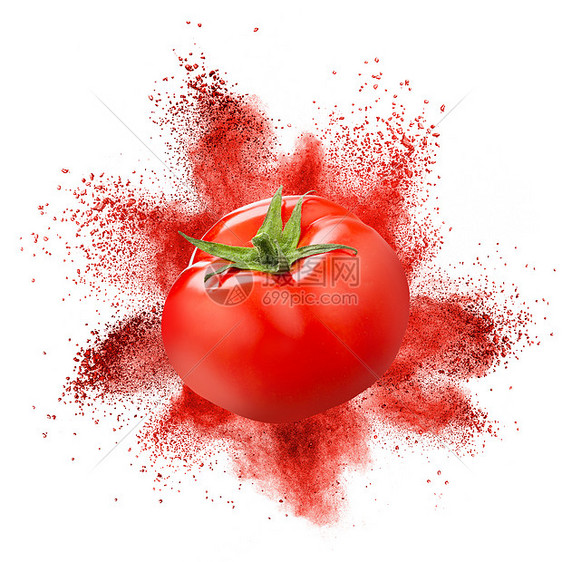 番茄红色粉末爆炸分离白色背景上图片