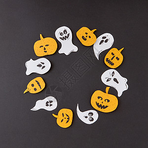 圆形创意框架的彩色纸与手工制作的笑飞鬼 精神 可怕的南瓜个黑色的背景 地方为文本万节平躺装饰框架 圆形飞行 高清图片下载 正版图片 摄图网