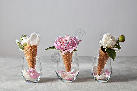 精致的粉红色白色牡丹花,个圆锥形的眼镜,花瓣站灰色的石桌上,的风景春天的祝贺3月8日圆锥体冰淇图片