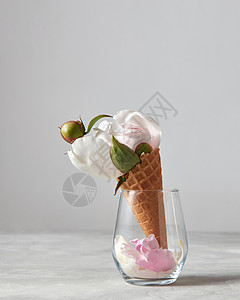 甜华夫饼锥与美丽的白色牡丹花花瓣个璃杯灰色背景与夏季祝贺情人节的温柔的白花,花蕾绿叶,灰色的石图片