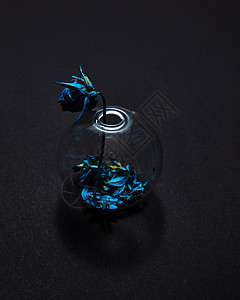 蓝色漆叶璃花瓶球形干玫瑰画蓝色黑色的纸背景与干玫瑰花蓝色油漆与圆形璃花瓶蓝色花瓣底部黑色背景图片